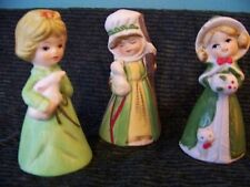 3 Vintage Jasco '78 Merri Bells Ceramic Girl Figures Green Dress Christmas Gvc 