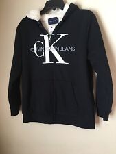  Calvin Klein Jeans Big Logo Spell Out Fur Faux Hoodie Zipper Sweatshirt L 