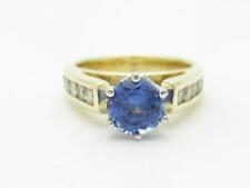 14k Yellow Gold Diamonds & Blue Sapphire Round Side Stones Engagement Ring Sz 6