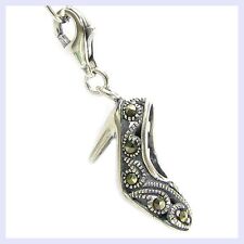 925 Sterling Silver Lady Marcasite High Heel Shoe European Lobster Clip On Charm