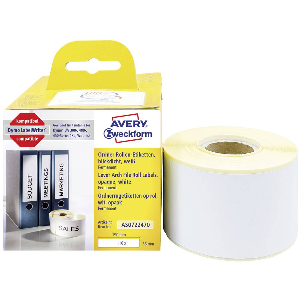 avery-zweckform rouleau détiquettes 190 x 38 mm papier blanc 110 pc(s) fixation permanente as0722470 etiquette pour classeur