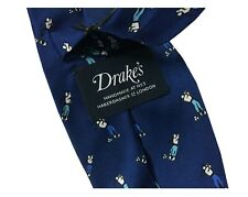 Drake's London Cravatta Uomo Foderata Bluette Omino Polo Made In England