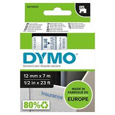 Dymo Authentic D1 Labels Blue Print On Clear Tape 12 Mm X 7 M Self-adhesiv