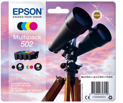 epson 502 binoculars cmy standard capacity ink cartridge 14.5ml multipack - c13t02v64010 black