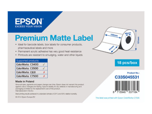 Epson Premium Matte Label - Die-cut Roll: 10mm X 51mm, 650 Labels :: C33s045531 