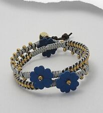 Gray Cotton Waxed Thread Leather With Blue Flower Beaded Bracelet 