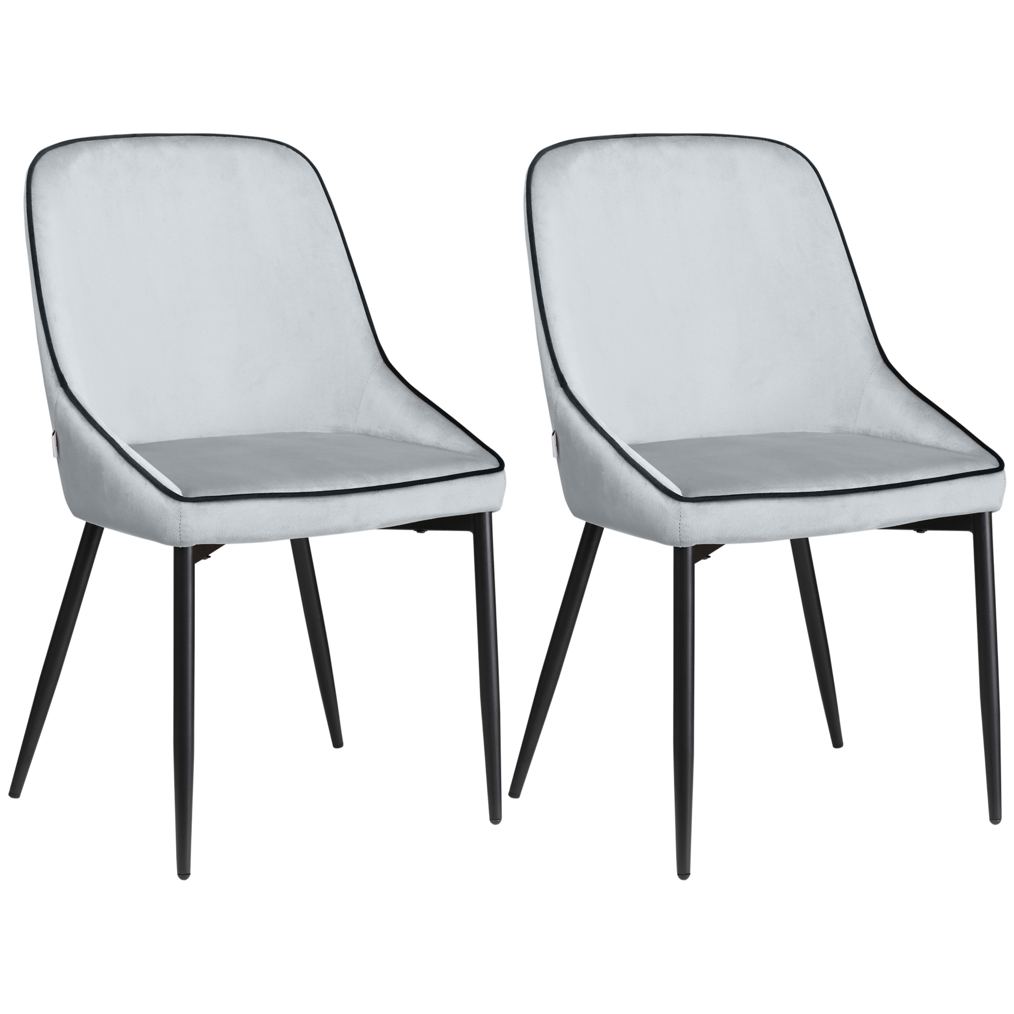 homcom lot de 2 chaises de salle Ã  manger en tissu velours et pieds en acier noir - gris avec passepoil noir 50 x 56 x 84 cm donna