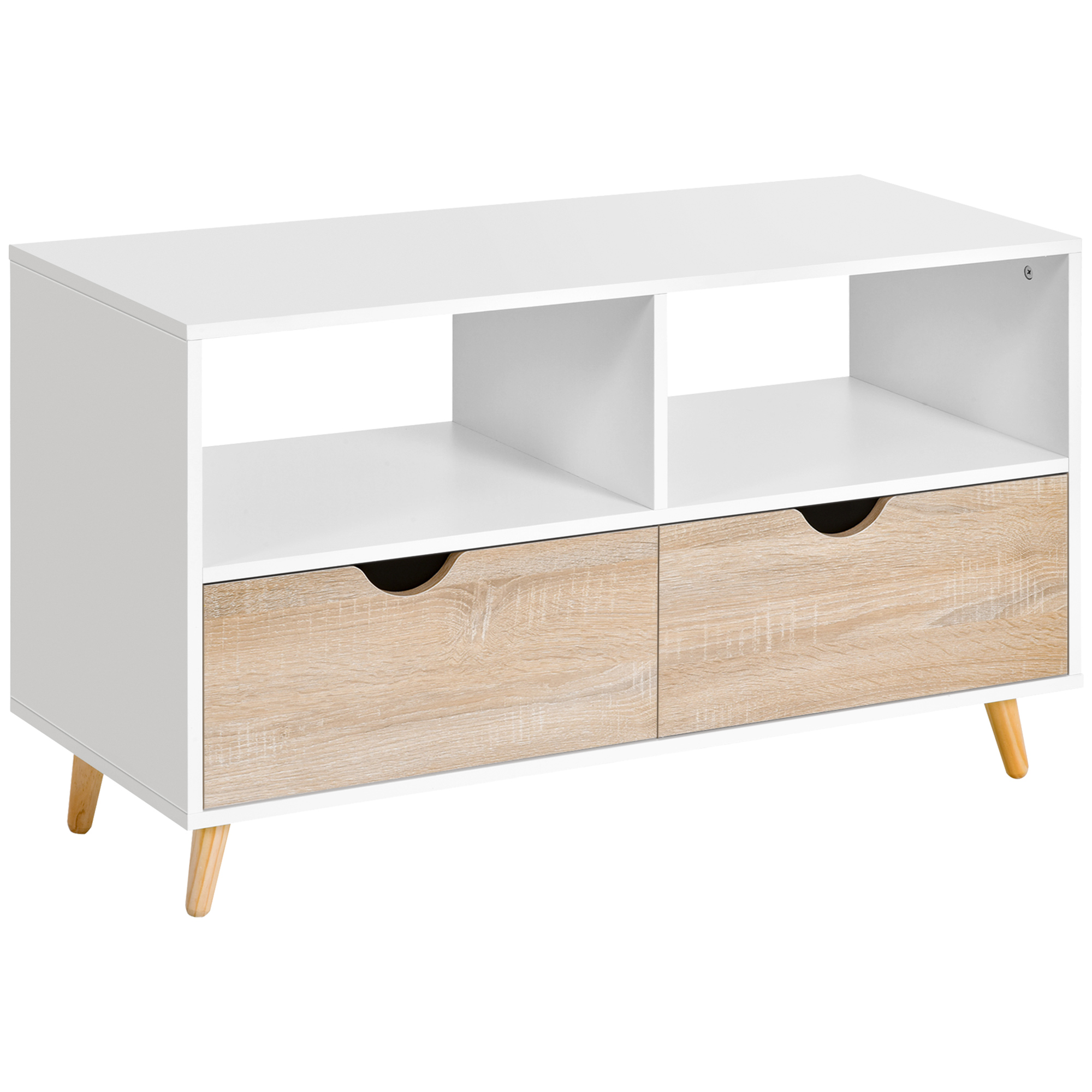 homcom meuble tv bas sur pieds style scandinave 2 tiroirs coloris chÃªne clair blanc