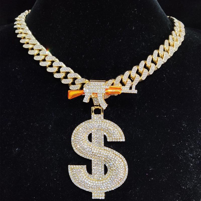 hyfbh collier avec pendentif en forme de dollar et de pistolet pour hommes et femmes, hip hop, avec chaÃ®ne cubaine de 13mm, colliers originaux, bijoux de charme Ã  la mode donna