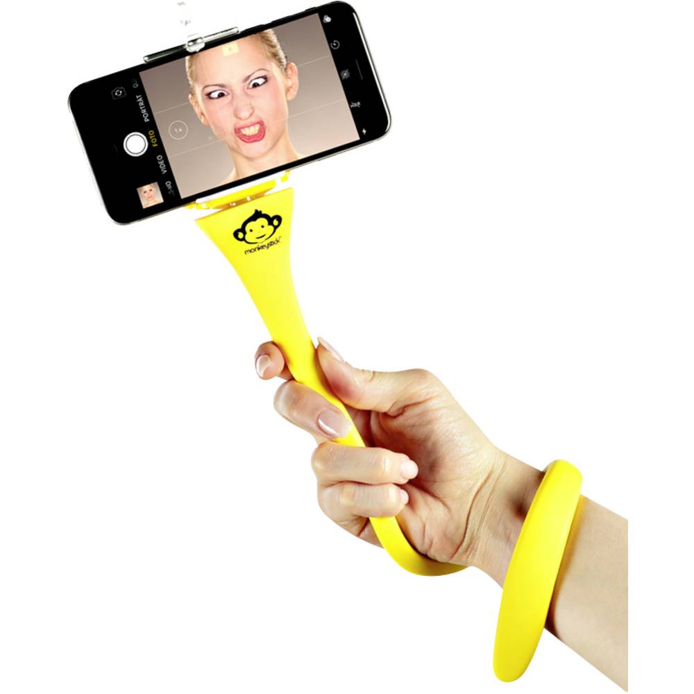monkeystick selmonkeyy perche à selfie jaune bluetooth, avec support pour smartphone