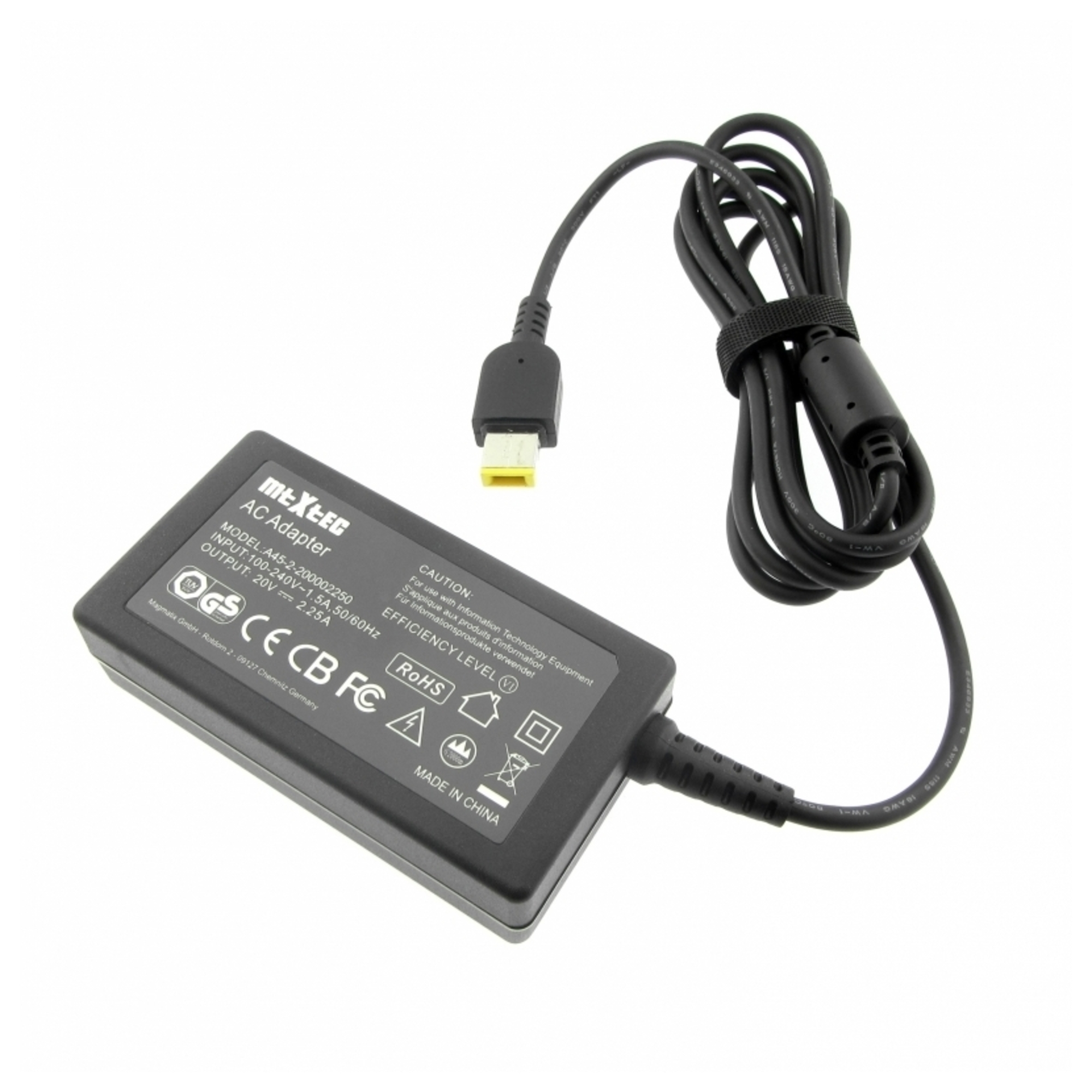 mtxtec charger (power supply), 20v, 2.25a for lenovo thinkpad helix (3700), 45w, plug slim tip 11 x 4 mm rectangular - neuf