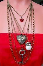 Multiple Layer Chain Necklace W/antique Skeleton Key, Crystal Heart, Pearl Crown