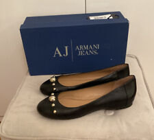 New $175 Armani Jeans Shoes Ballet Flats Size 8 Black With Silver Logo