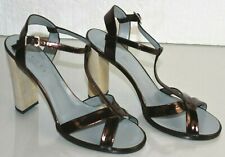 New Gucci Sandals Heels Metallic Bronze Brown Leather T Strap Peep Toe Shoes 9.5