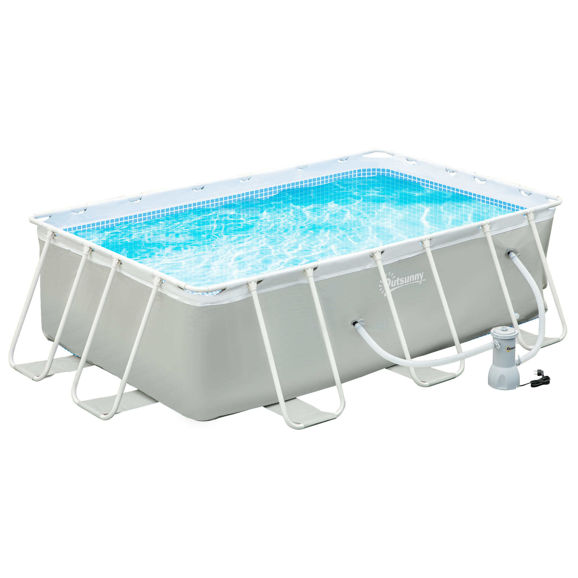 outsunny piscine tubulaire hors sol rectangulaire avec filtre, acier et pvc, dim. 340l x 215l x 80 cm, gris clair
