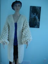Oversize Chunky Hand Knit Slouchy Cardigan Aran Natural Cream Bubble Sleeve M/l