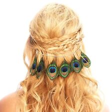 Peacock Feather Hair Grip Clip Chain Headpiece Festival Accessories Headband