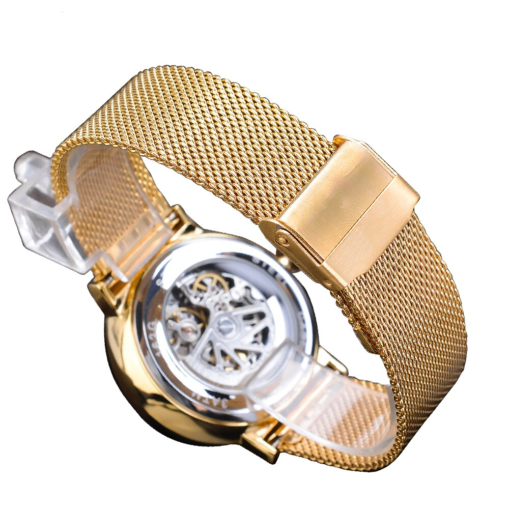productspro winner golden male montres automatique business montre-bracelet squelette analogique maille acier bande auto-vent mÃ©canique reloj hombre saat
