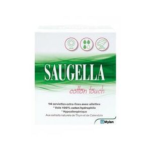 Saugella Cotton Touch Serviettes Jour X14 - Boîte 14 Serviettes Extra-fines Avec Ailettes