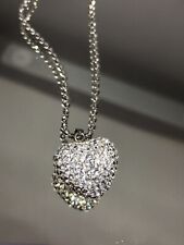 Sterling Silver 925 Puffed Micro Pave Crystal Heart Pendant Necklace 20” Chain