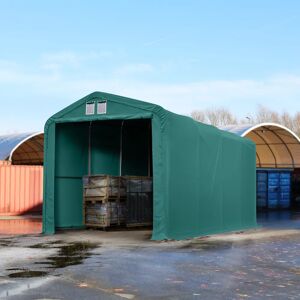 Toolport 4x8m 3.35m Sides Commercial Storage Shelter, 3.5x3.5m Drive Through, Pvc 850, Dark Green With Statics Package (soft Ground Anchors) - (49649)