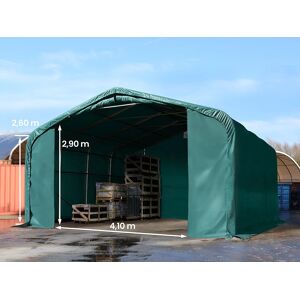 Toolport 6x6m 2.6m Sides Commercial Storage Shelter, 4.1x2.9m Drive Through, Primetex 2300 Fire Resistant, Dark Green With Statics Package (soft Ground Anchors) - (49423)