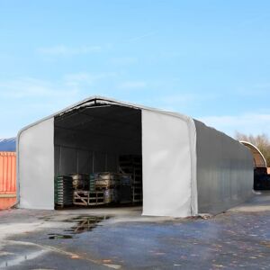 Toolport 8x24m 3m Sides Commercial Storage Shelter, 4x3.6m Drive Through, Pvc 850, Grey With Statics Package (soft Ground Anchors) - (49486)
