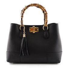Woman Handbag With Polished Wooden Handles In And Leather Tassel - Tassey