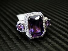 Womens 925 Sterling Silver Fancy Amethyst Purple Color Stone Ring Emerald Cut