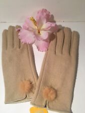Woolen Tan Ladies Gloves With Rabbit Fur Pom-pom Elegant Soft Classy Sz S/m New